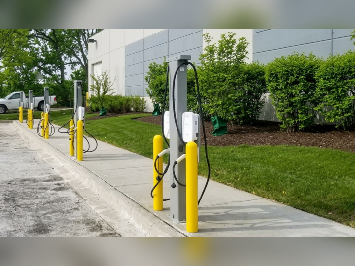Electrician installing a commercial EV charging station in a parking lot in Miami